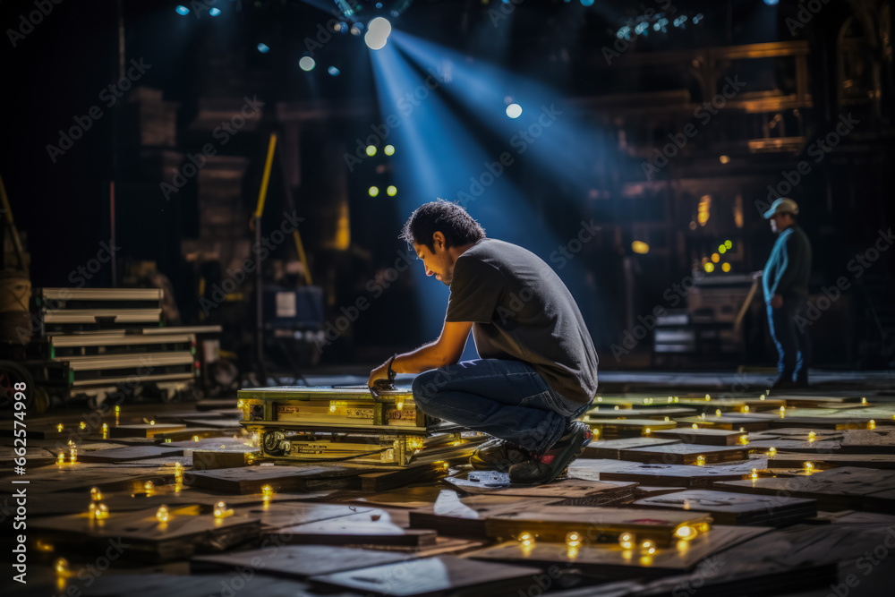 A stagehand maneuvering large set pieces behind the scenes with precision  - obrazy, fototapety, plakaty 