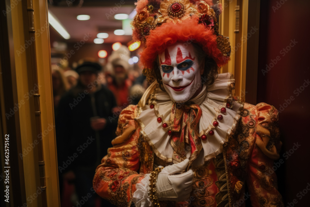 Actor donning a costume and makeup moments away from making their grand entrance 