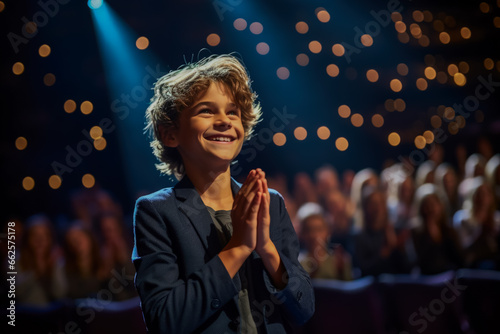 A talented child actor taking a final bow eliciting a standing ovation from the audience  photo