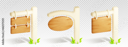 3d wood travel road signboard isolated vector. Wooden signpost with white pillar, timber plank and rope, for village location or highway illustration. Destination guide on pole object collection