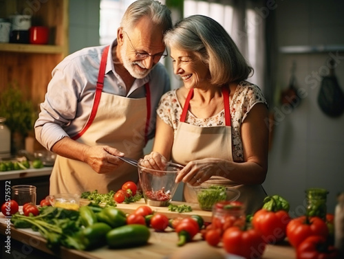 Elderly couple cooking dinner together at home evening.