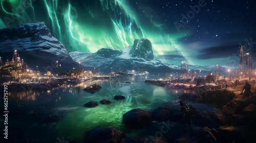 AI generated illustration of the Aurora Borealis over a beautiful landscape