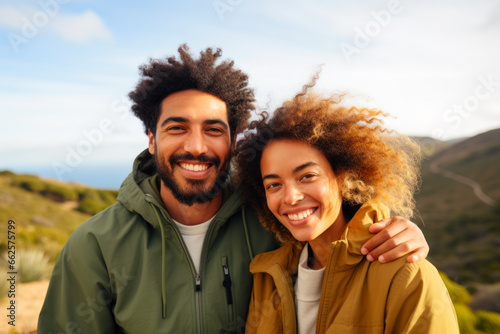 Portrait of a happy young couple standing on top of a mountain © Anna