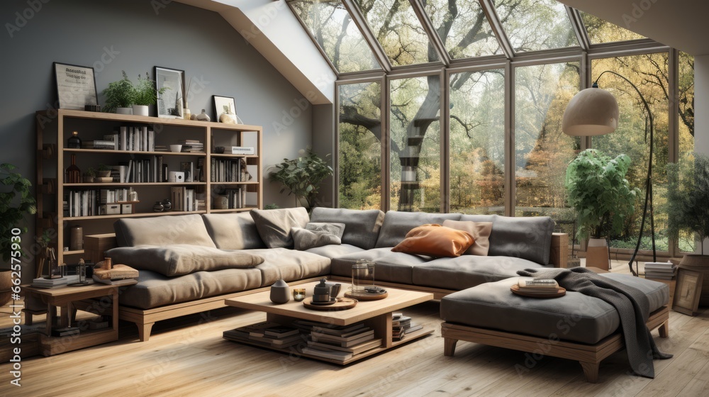 Scandinavian style home interior design of modern living room with grey sofa.