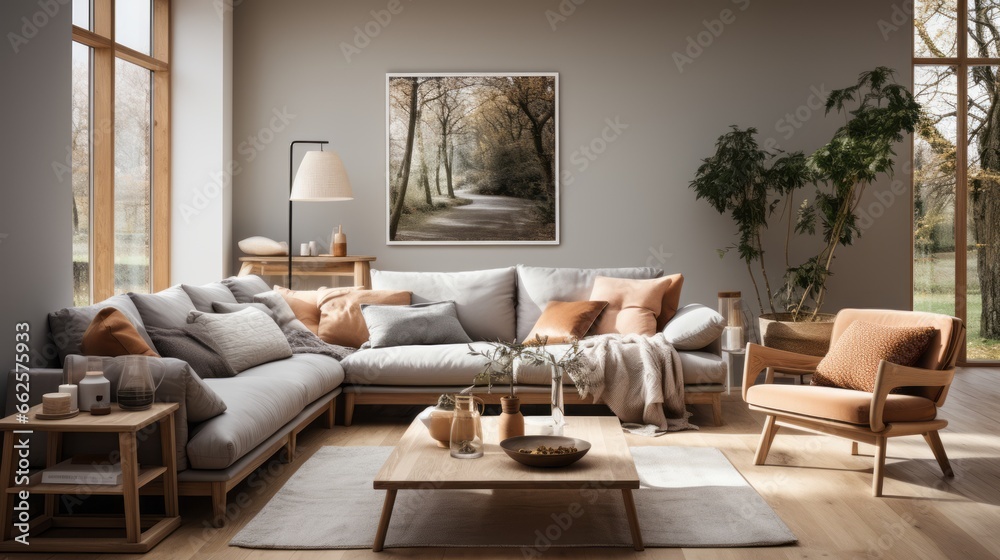 Scandinavian style home interior design of modern living room with grey sofa. Scandinavian style home interior design of modern living room with grey sofa.