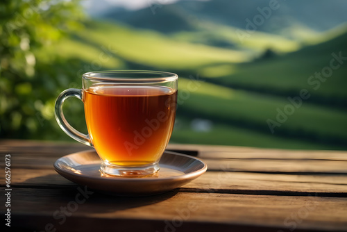 Cup of hot tea with the tea plantations background.