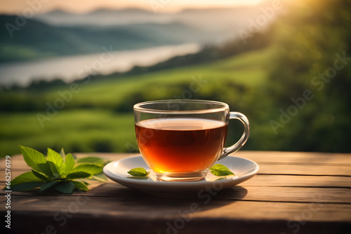 Cup of hot tea with green tea leaf on the wooden desk or table with the tea plantations background.
