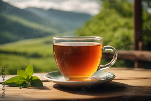 Cup of hot tea with green tea leaf on the wooden table and the tea plantations background.