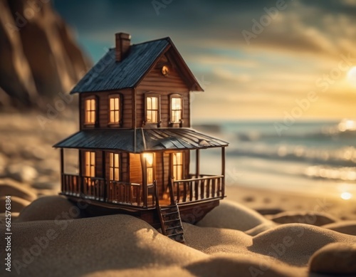 Miniature house on the sea coast. Travel concept. AI illustration.