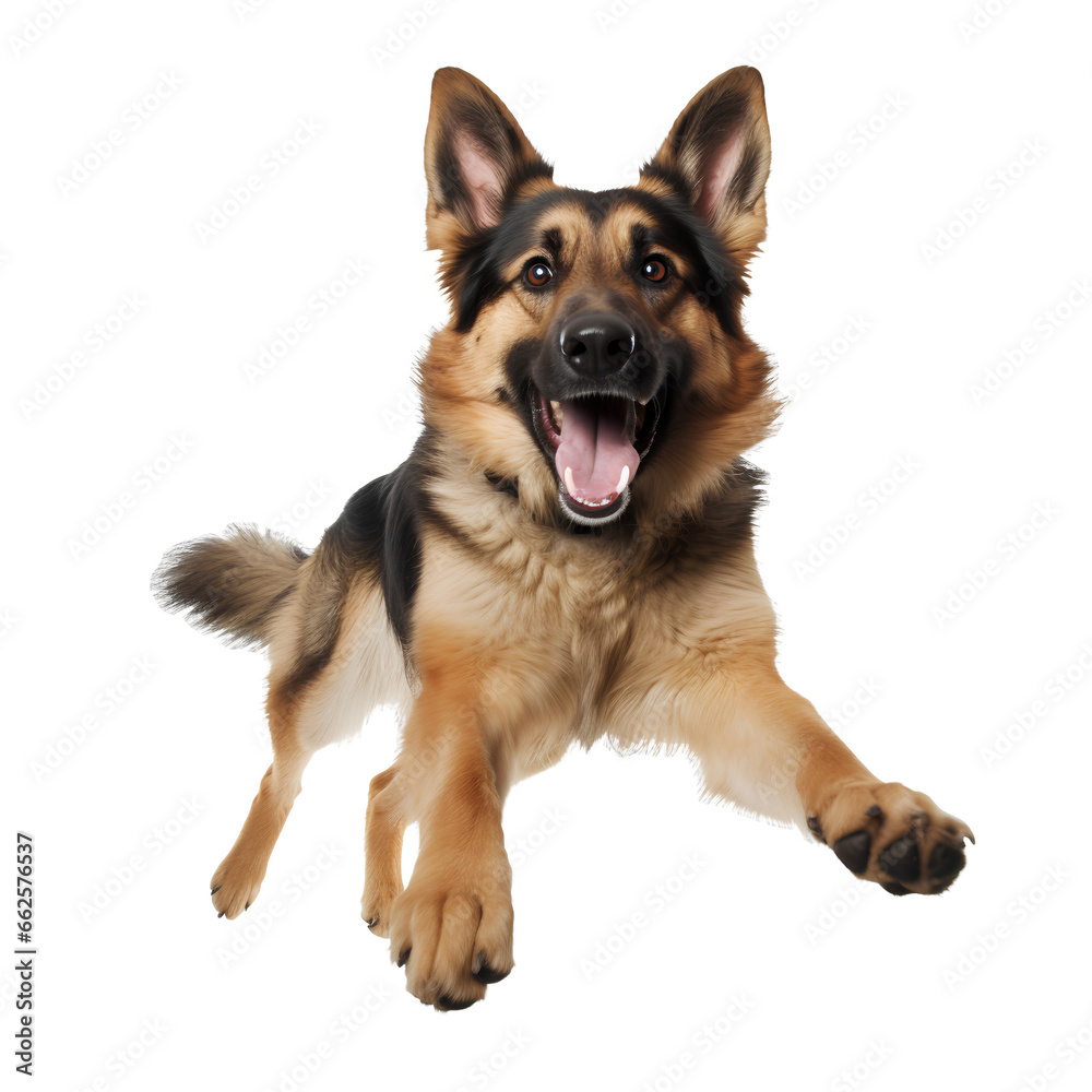 German Shepherd dog jumping with happiness on transparent background PNG