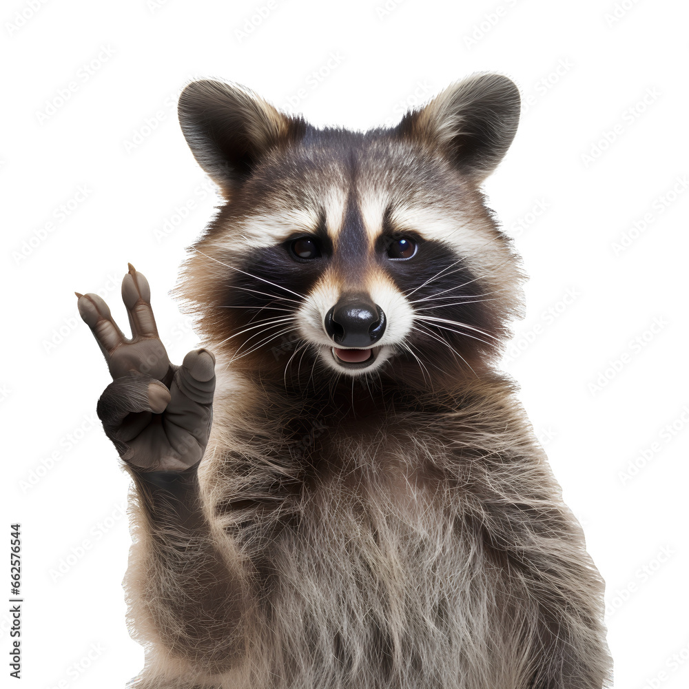 Funny raccoon gives a cool thumbs up on transparent background PNG. Funny animal concept. - obrazy, fototapety, plakaty 