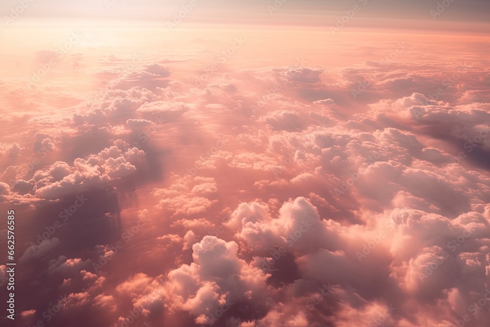 Horizon embrace. Captivating cloudscape at sunset. Skyward sojourn. Beauty of high altitude. Above clouds. Aerial view of heavens
