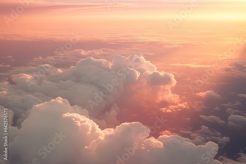 Horizon embrace. Captivating cloudscape at sunset. Skyward sojourn. Beauty of high altitude. Above clouds. Aerial view of heavens