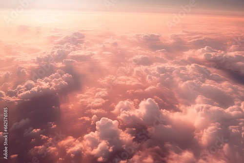 Horizon embrace. Captivating cloudscape at sunset. Skyward sojourn. Beauty of high altitude. Above clouds. Aerial view of heavens © Thares2020