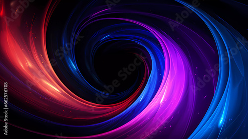 Background techno art circle swirling blue, purple, pink and red on a black background. Lights and colour effects for poster, background, and template.