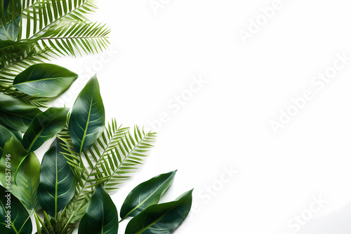Flat lay top view image of green leaves on white background. Copy space for your texts. 