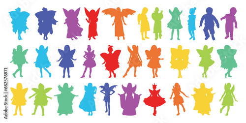 Kids Wearing Fairy Dress Silhouette Vector Illustration.
