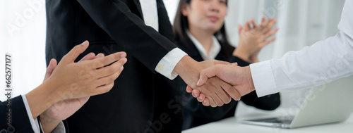 Business people group handshake at meeting table. Job interview success or making successful business oratory agreement