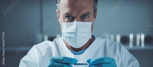 A middle aged researcher in uniform wearing a mask and gloves examines a blood sample closely With copyspace for text photo