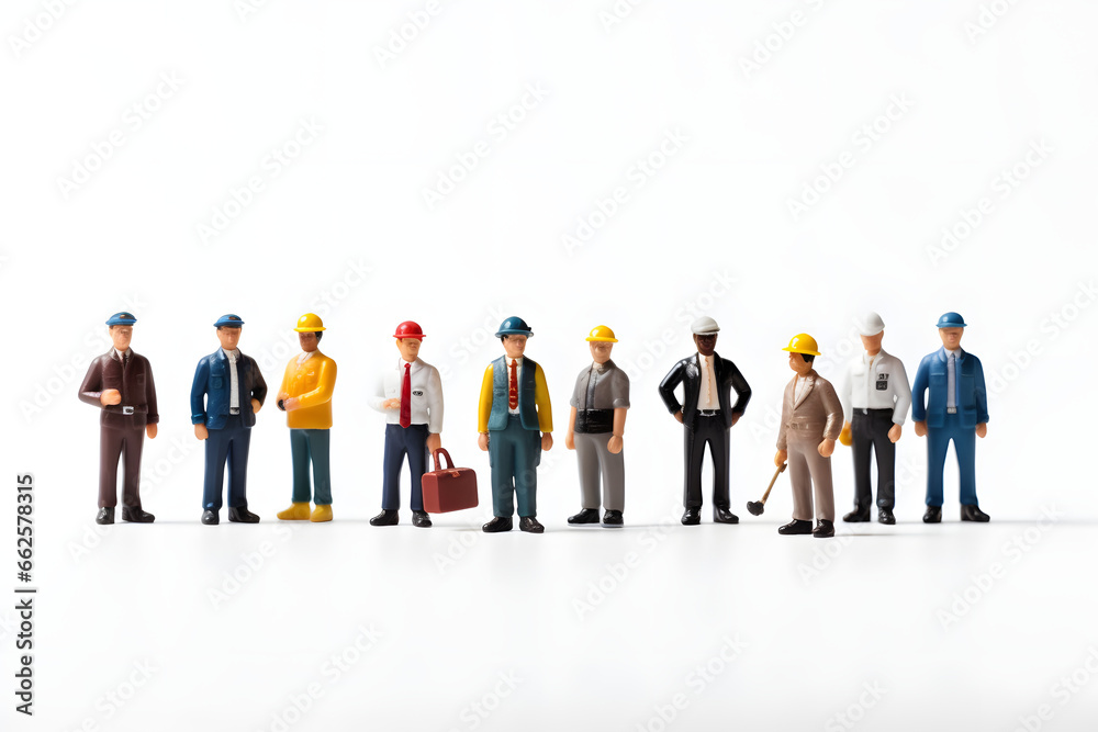 Diverse miniature figures, various professions and genders, lined up on a clean white background. Diverse miniature figures, various professions and genders, lined up on a clean white background.