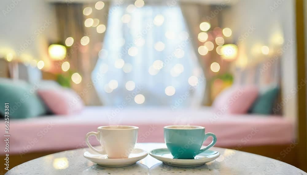 Two freshly made coffees on a table in a cute hotel room. There is a double bed in the back. Generative AI Two freshly made coffees on a table in a cute hotel room. There is a double bed in the back. Generative AI
