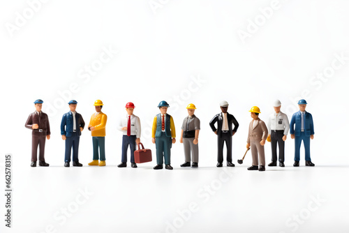 Diverse miniature figures, various professions and genders, lined up on a clean white background.