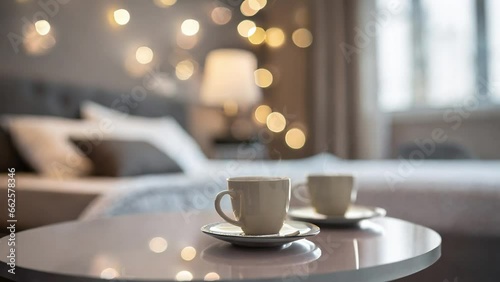 Two freshly made coffees on a table in a luxurious hotel room. There is a double bed in the back. Generative AI
