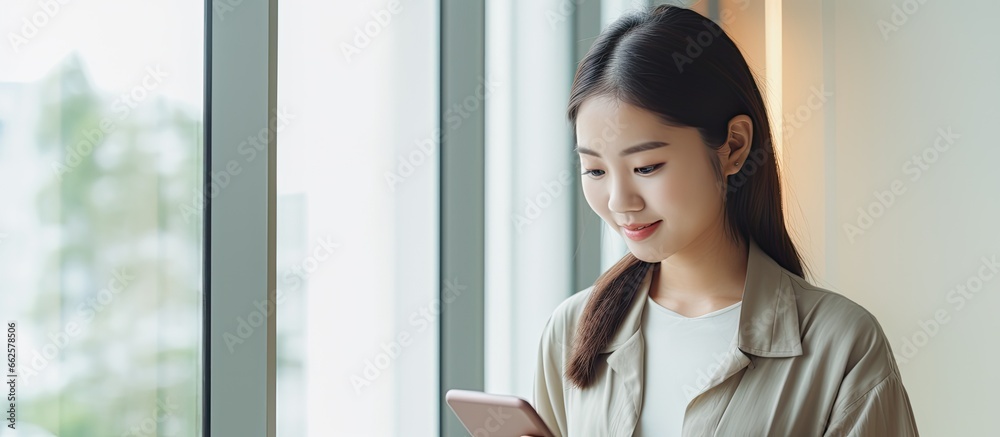 Asian teen using smartphone at home With copyspace for text Asian teen using smartphone at home With copyspace for text
