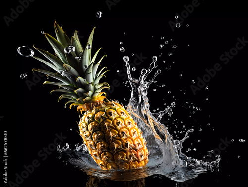 Fruit photography of pineapple splashing into the water on black background. Fresh whole pineapple fruit hitting the water against the dark background. 