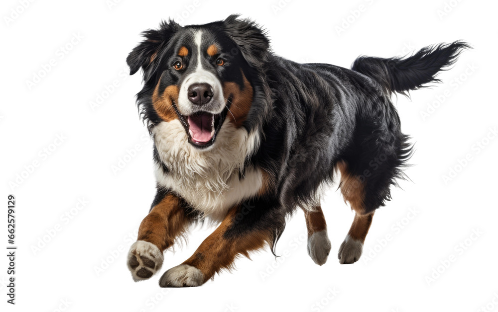 Attacking a Black Beautiful Tricolor Bernese Mountain Dog Isolated on Transparent Background PNG.