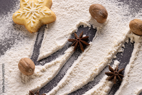Cookie, anis seeds and christmas tree shape in flour with copy space on black background