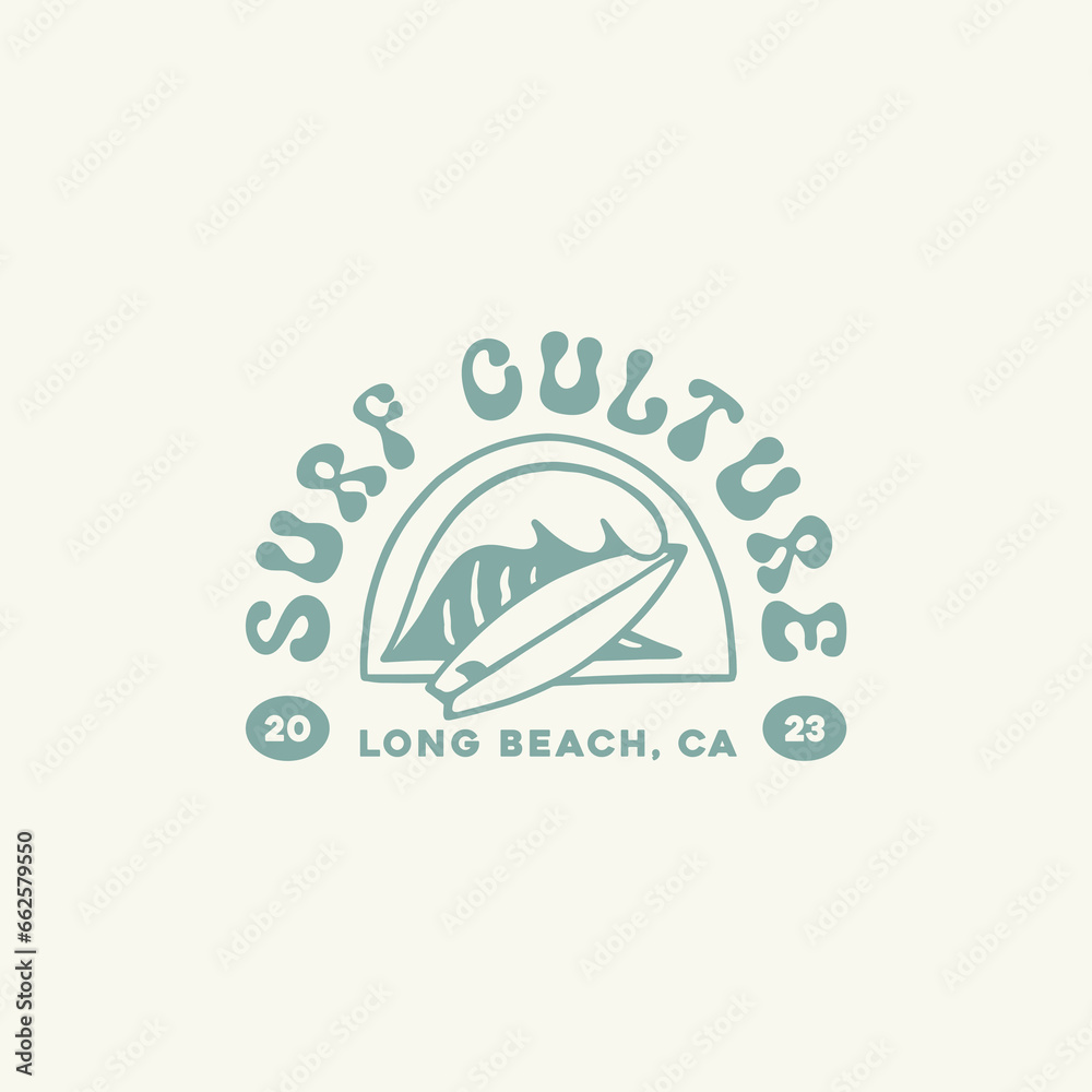 Wave with surfboard logo design template for surf club, surf shop, surf merch. - obrazy, fototapety, plakaty 