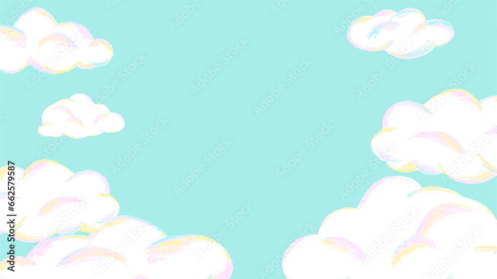 Cute fluffy clouds and blue sky background, hand drawn illustration with colored pencil texture / もくもくしたかわいい雲と青空の背景、色鉛筆テクスチャの手描きイラスト Cute fluffy clouds and blue sky background, hand drawn illustration with colored pencil texture / もくもくしたかわいい雲と青空の背景、色鉛筆テクスチャの手描きイラスト