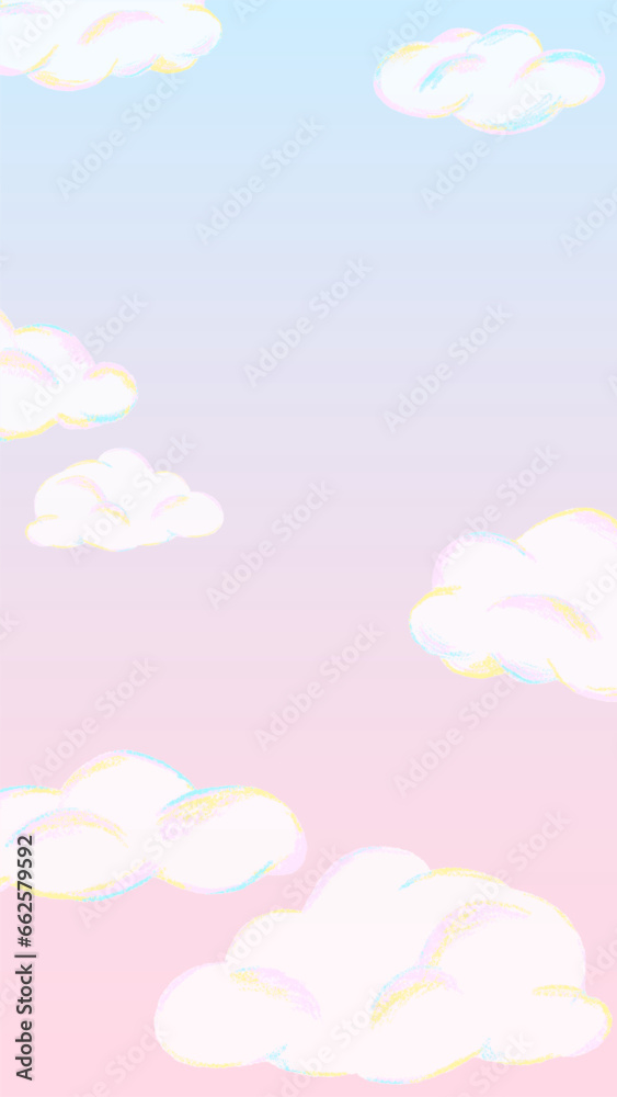 Pink gradient background with fluffy cute clouds, hand drawn illustration with colored pencil texture / もくもくしたかわいい雲とピンクのグラデーションの背景、色鉛筆テクスチャの手描きイラスト