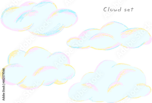 Cute fluffy clouds set, hand drawn illustration set with colored pencil texture / もくもくしたかわいい雲セット、色鉛筆テクスチャの手描きイラストセット