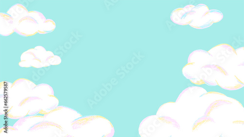Cute fluffy clouds and blue sky background, hand drawn illustration with colored pencil texture / もくもくしたかわいい雲と青空の背景、色鉛筆テクスチャの手描きイラスト