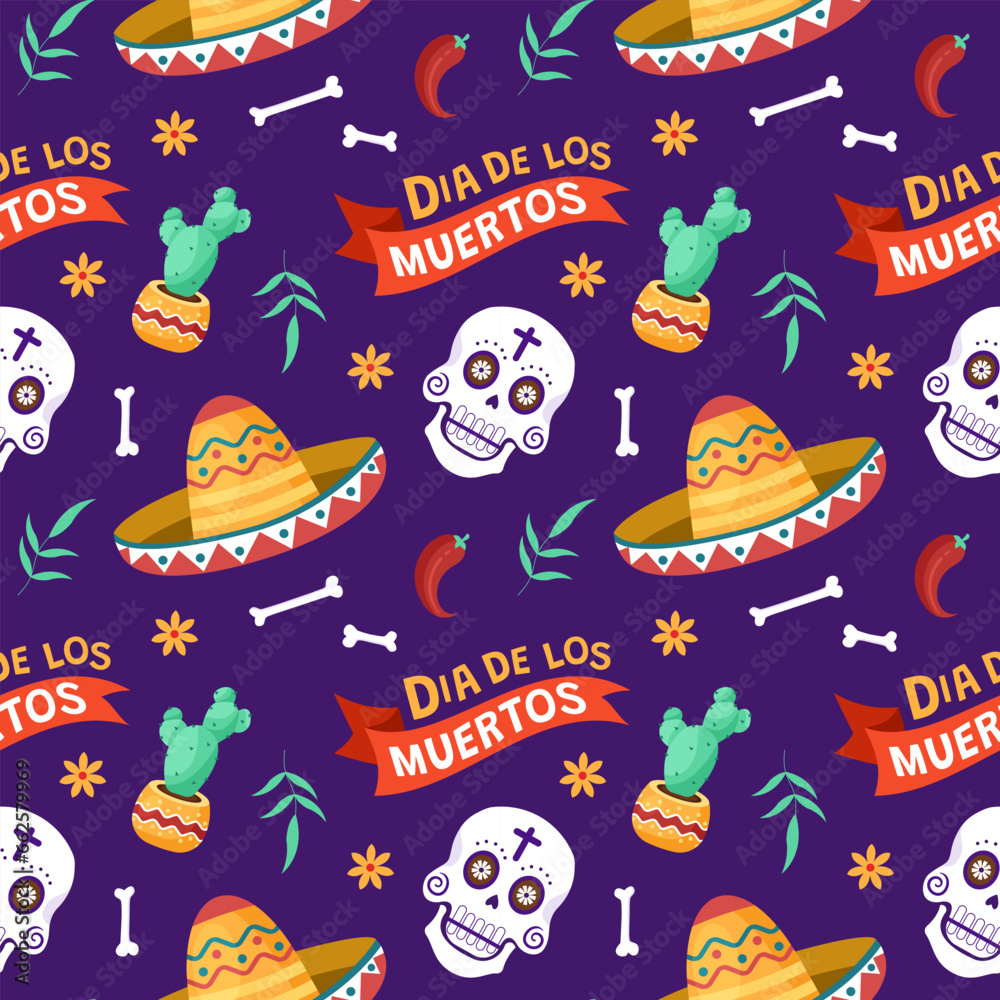 Dia de Muertos Seamless Pattern Illustration. Translation : Day of the Dead. Skeleton Element in Mexican Design
