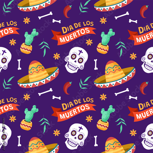 Dia de Muertos Seamless Pattern Illustration. Translation   Day of the Dead. Skeleton Element in Mexican Design