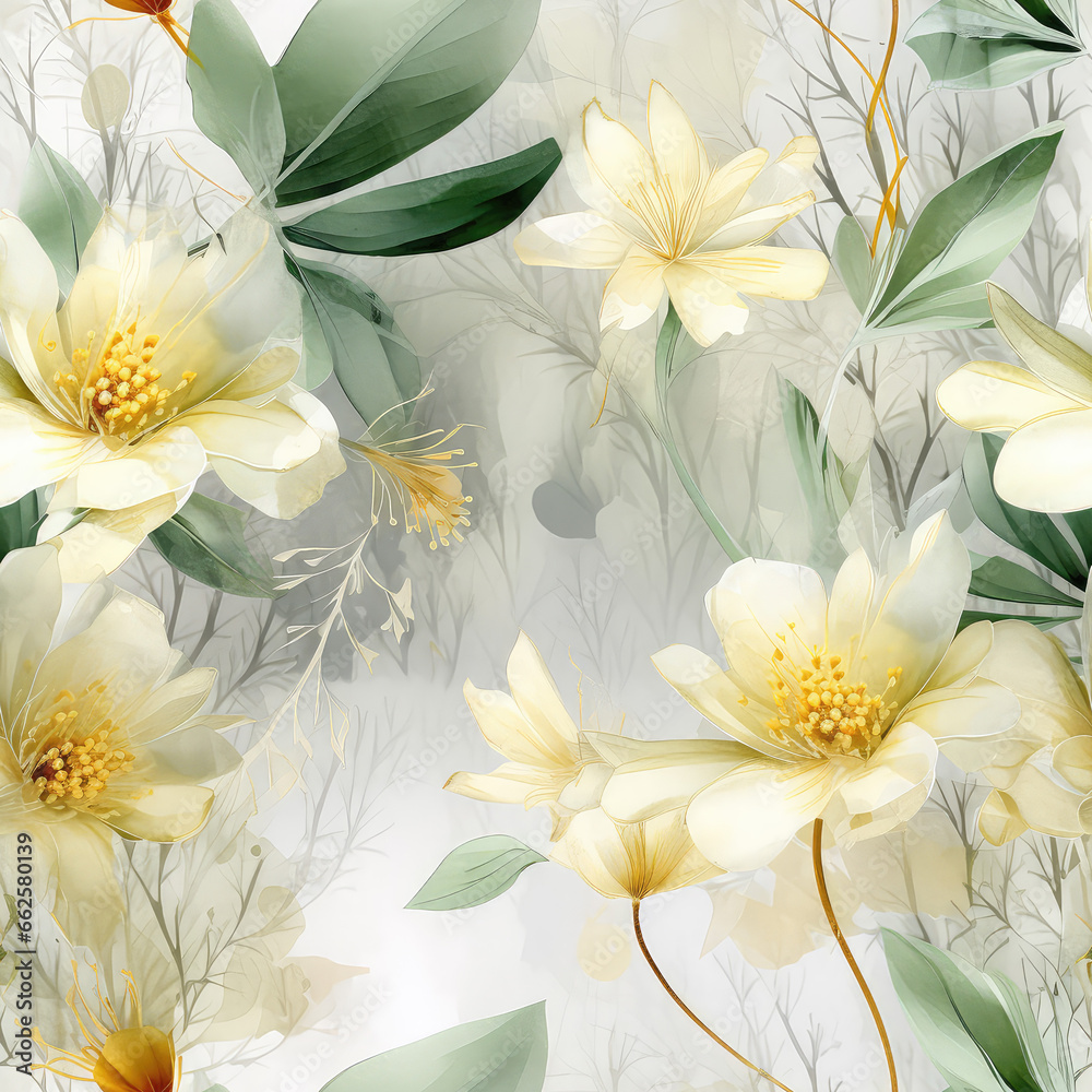 Fototapeta premium Seamless watercolor flowers in green and yellow background, ai generative