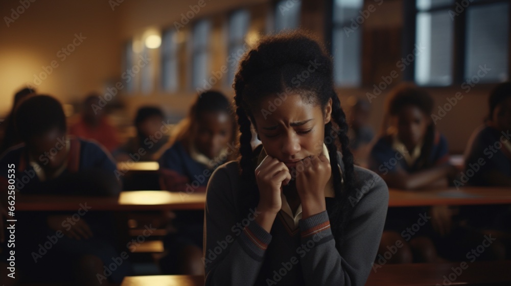 Lonely sad african-american schoolgirl crying while all her classmates ignoring her. Social exclusion problem. Bullying at school concept. Racism problem - obrazy, fototapety, plakaty 