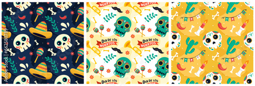 Set of Dia de Muertos Seamless Pattern Illustration. Translation : Day of the Dead. Skeleton Element in Mexican Design