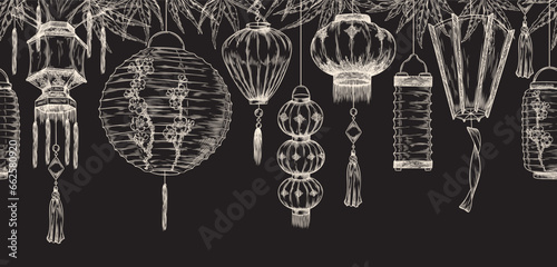 Seamless border with Japanese lanterns decorated sakura flowers and tassels, vector white engraved hand drawn on dark