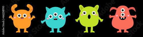Monster set line banner. Happy Halloween. Cute colorful monsters with different emotions. Funny face head. Cartoon kawaii boo baby character. Childish collection. Black background. Flat design.