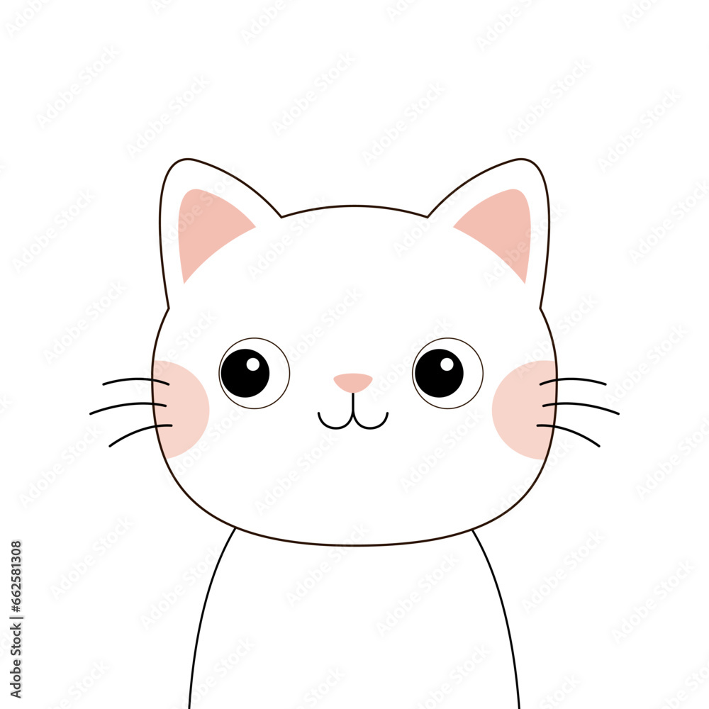 White cat head face line contour silhouette icon. Funny kawaii smiling doodle animal. Cute cartoon funny character. Pink blush cheeks. Pet collection. Flat design Baby background.