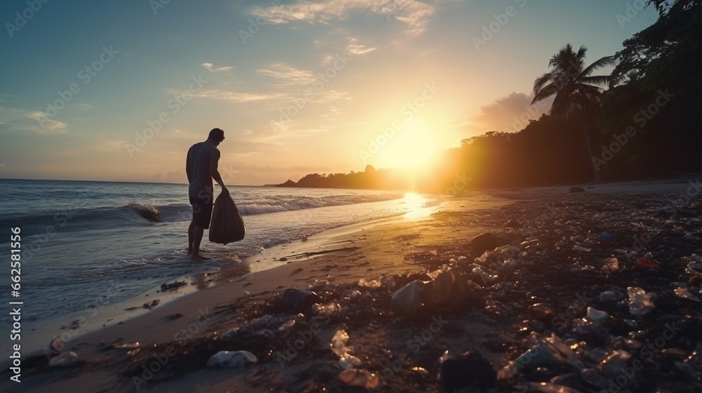 Man picks up plastic garbage on beach in the morning, Panama, Central America. .full ultra HD, High resolution - obrazy, fototapety, plakaty 