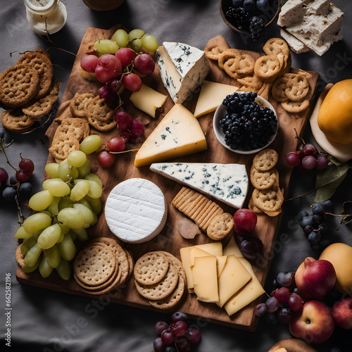 Wooden cutting board with a variety of cheeses, crackers, and grapes on it.