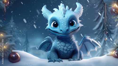 cute cartoon dragon in a snowy forest.