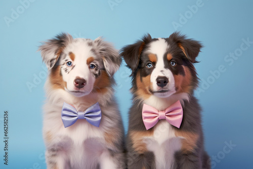 Pair of cute Australian Shepherd dogs with bowties on pastel blue background
