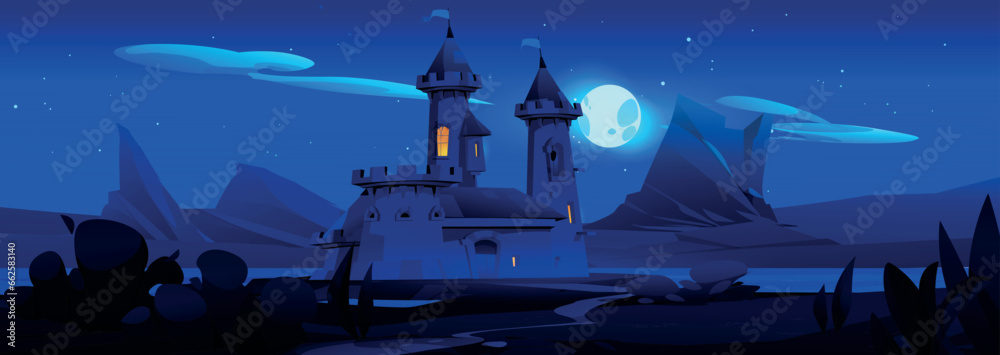 Night medieval castle near river. Vector cartoon illustration of fairytale kingdom, old royal palace with yellow light in stone tower windows, moon glowing in starry sky, rocky landscape around lake - obrazy, fototapety, plakaty 