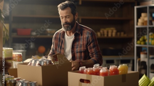 Mature man working as volunteer at community center and arranging donated food and water in boxes.